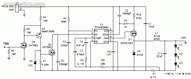 利用負(fù)輸出電壓，以升降壓拓樸調(diào)節(jié)恒定LED電流