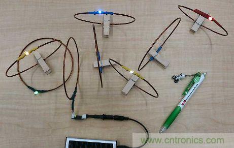 用來驗證&ldquo;直流共振方式&rdquo;的試制系統(tǒng)。在線圈間傳輸電力，點亮LED