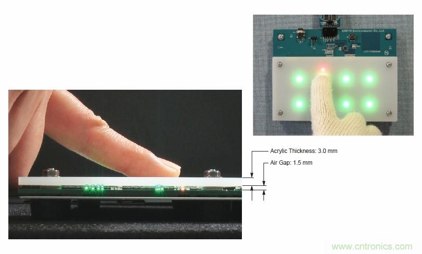 圖7. 安森美半導(dǎo)體電容式觸摸傳感器具有高度靈敏度，支持戴手套觸摸，支持含氣隙應(yīng)用
