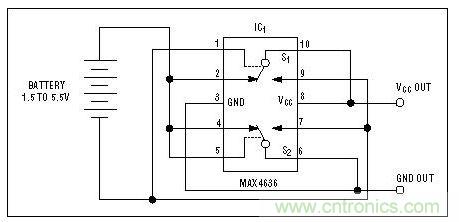 該電路檢測(cè)電池極性，并迅速接通負(fù)載或切換電池極性