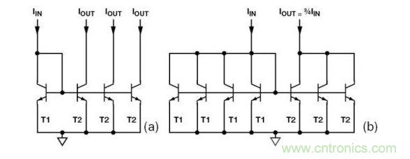 （a） 多級電流鏡 （b） 非整數(shù)比例電流鏡可將3個T2集電極結(jié)合起來，得到3IIN