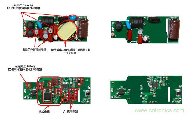 iW3688消除了20 多個(gè)外部元器件，降低BOM成本達(dá)20%~25%（左右分別為方案對比，上下為PCB正反面）