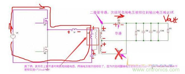 上管開通，注意諧振電感、勵磁電感、諧振電容的正負(fù)