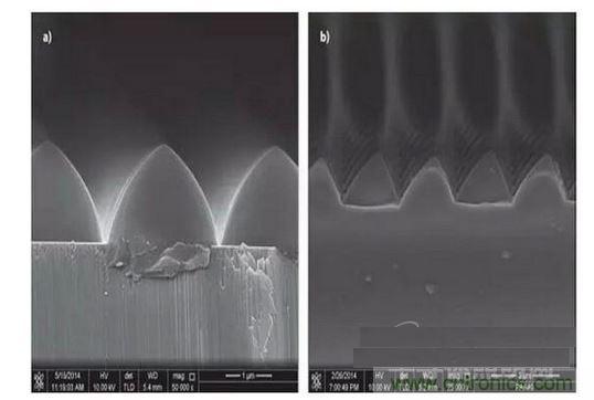 圖案化藍(lán)寶石基板通過光致抗蝕劑掩膜在電感耦合等離子體干法反應(yīng)性腐蝕保持良好剛性結(jié)構(gòu)（如圖a）,然而，如果光致抗蝕劑掩膜的剛性結(jié)構(gòu)在抗蝕過程中沒有得到保持，那么結(jié)果會(huì)很差（如圖b）