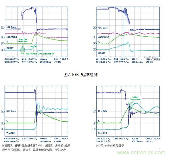 過流關(guān)斷時序延遲（通道1：柵極-發(fā)射極電壓10 V/div；通道2：來自 控制器的PWM信號5 V/div；通道3：低電平有效跳變信號5 V/div；100 ns/div）
