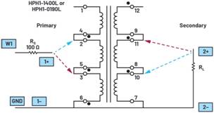   材料  ? ADALM2000主動(dòng)學(xué)習(xí)模塊 ? 無焊試驗(yàn)板和跳線套件 ? 一臺(tái)HPH1-1400L 6繞組變壓器 ? 一臺(tái)HPH1-0190L 6繞組變壓器 ? 兩個(gè)100 Ω電阻  說明  在無焊試驗(yàn)板上構(gòu)建圖2所示的電路。需要使用此設(shè)置來測(cè)量初級(jí)/次級(jí)匝數(shù)比為1:1的三種不同配置下，兩個(gè)變壓器型號(hào)各自的頻率響應(yīng)。兩個(gè)紅色箭頭表示在初級(jí)和次級(jí)使用同一個(gè)線圈的配置中連接源電阻和負(fù)載電阻的位置。藍(lán)色箭頭對(duì)應(yīng)的是在初級(jí)和次級(jí)使用兩個(gè)串聯(lián)線圈的配置。綠色箭頭對(duì)應(yīng)的是在初級(jí)和次級(jí)使用三個(gè)串聯(lián)線圈的配置。